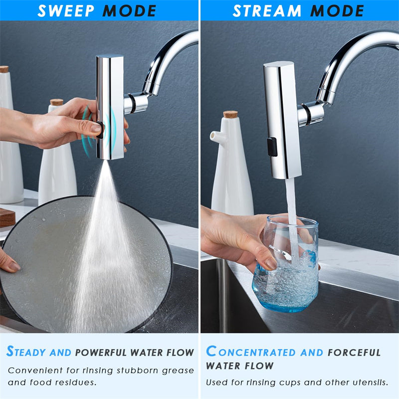 Flowvera faucet extender directing an angled water stream into a sink