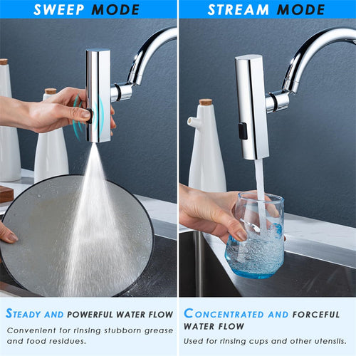 Flowvera faucet extender directing an angled water stream into a sink